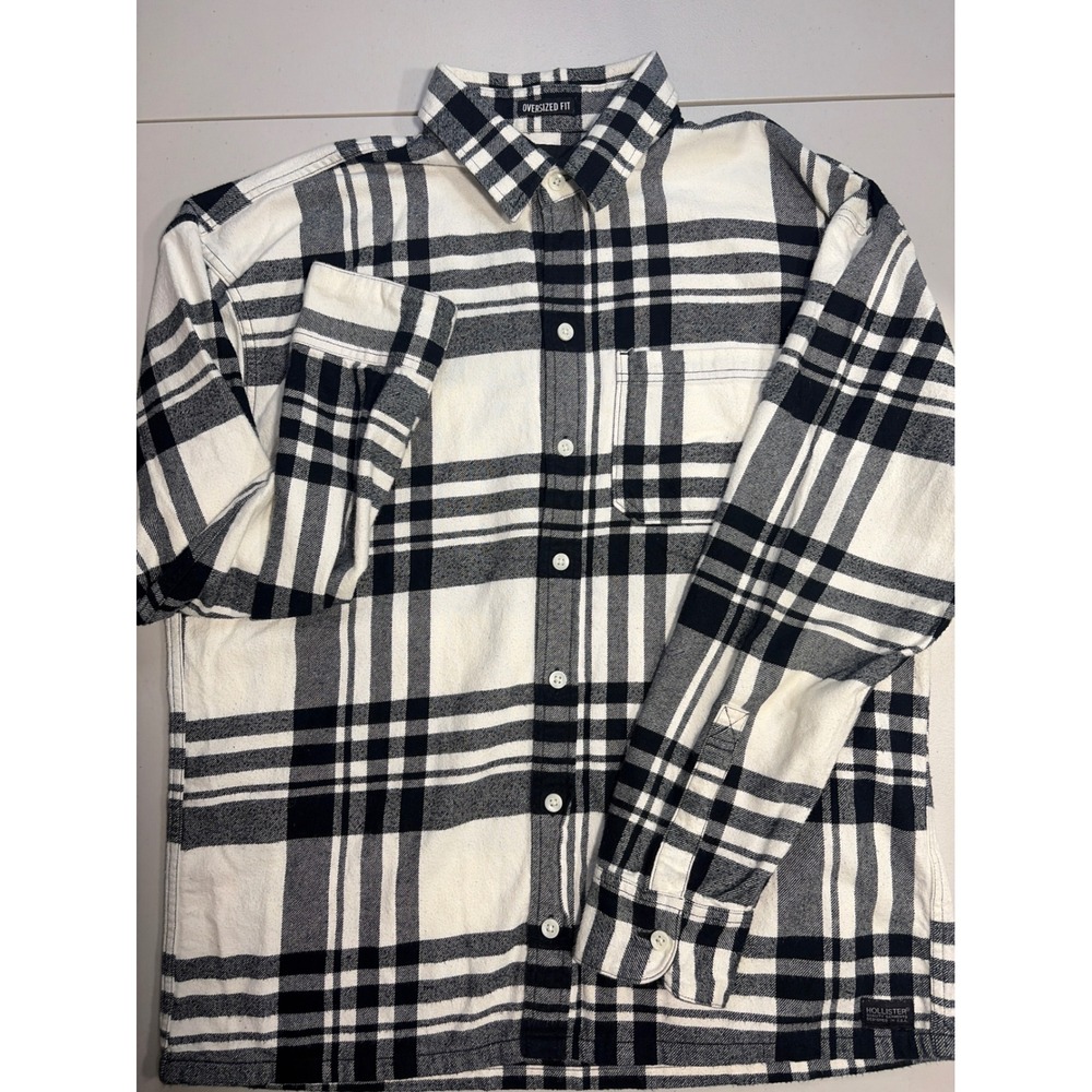 Hollister Mens Oversized Fit Flannel Shirt Black White Plaid Cotton Large L